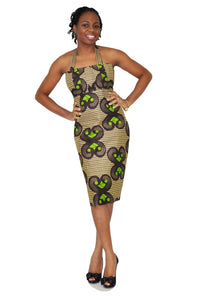 Brown and Green African Print Halter Dress