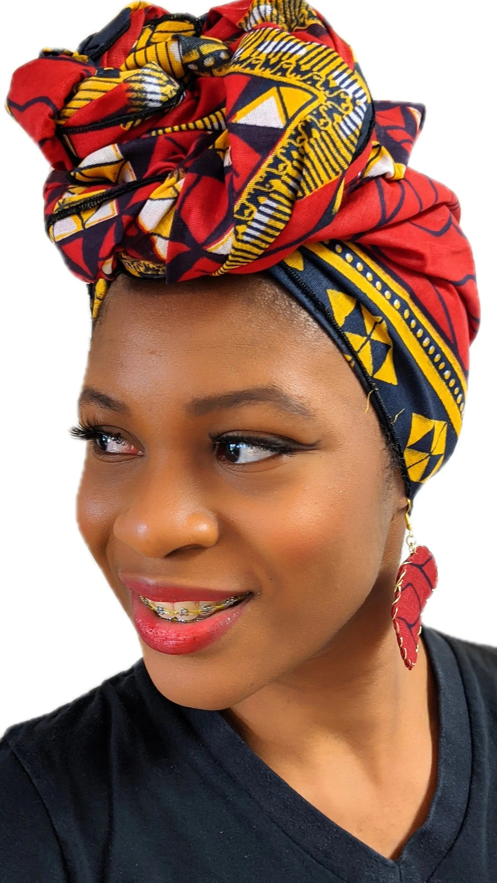 Red African print head wrap by Dupsie's African fashion