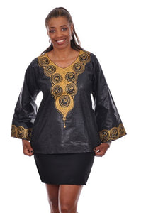 Black African Dashiki Top with elaborate Embroidery-DP3548TP