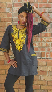 Black cotton Dashiki with Gold Embroidery DP3781W