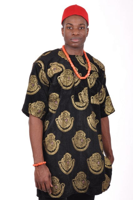 Black and Gold Lion Head African Velvet Isiagu Shirt-DP3447