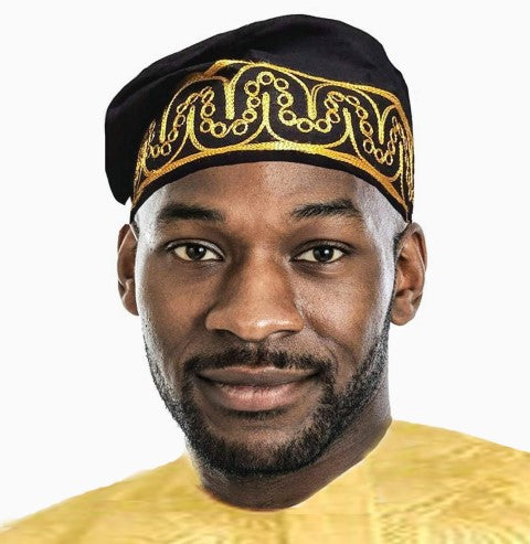 Black Kufi African Adebo Hat with Gold Embroidery-DPC104H