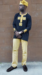 Black Cotton Dashiki with detailed Gold Embroidery-DP3801M