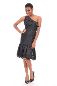 Elegant Black Mono sleeve Lace Dress-DPTW053