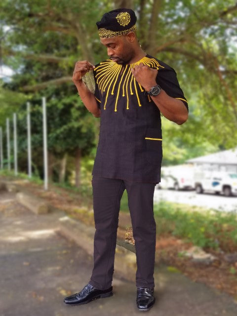 Gold Embroidered Black Panther Dashiki Pant Set-DPBLKP4TP