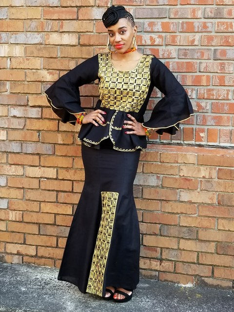 Black Panther African Top and Skirt with Gold Embroidery-DP3939T