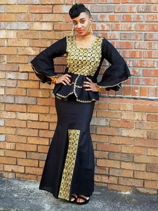 Black Panther African Top and Skirt with Gold Embroidery
