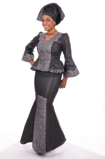 Regal Black Brocade Top and Skirt-Elaborate Silver Embroidery