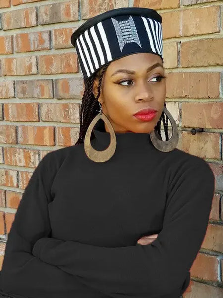 Hand Woven African Kente Kufi Hat - White & Black Pattern With Faux Leather, Made In Ghana