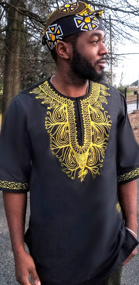 Black and Yellow African Embroidered Dashiki Shirt-DP3781Y