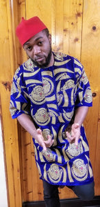 Royal Blue African Lion head Isiagu Dashiki Shirt-DPKA002