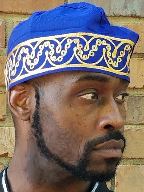 Royal Blue African Adebo Kufi Hat with Gold Embroidery