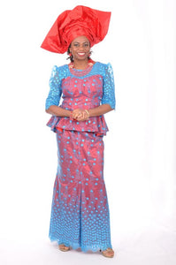 Blue African French Lace Top and Skirt with Red Lining-DP3270