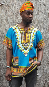 Toned Blue Traditional African Print Dashiki Shirt DP3751M