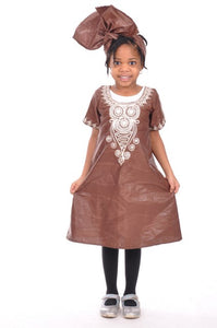 Brown Brocade Girls Dress with Beige Embroidery-DPC3334