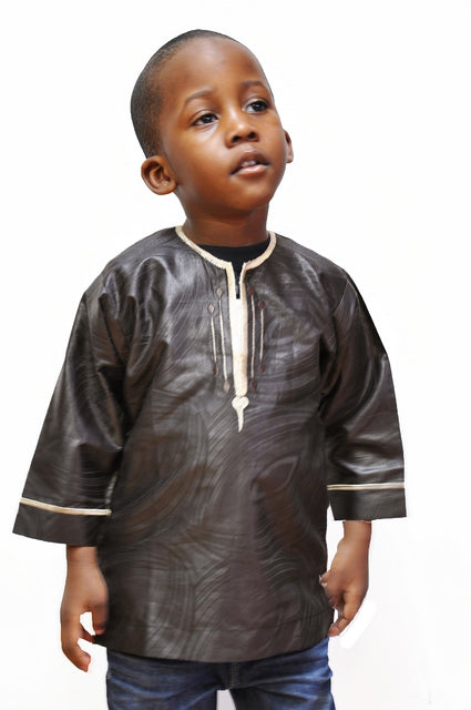 Coffee-Brown Brocade Dashiki for Children with Beige Embroidery