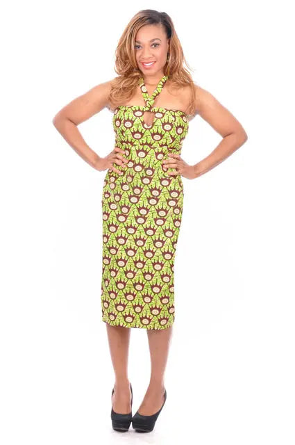 beige african dress Beige African Ankara Print Plus Size Knee Length Party Dress With Puff Sleeve