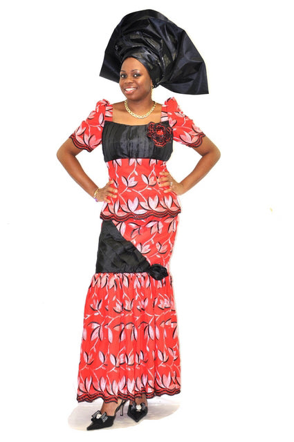 Exquisite Red and Black Lace Skirt Suit with Rosette Stone