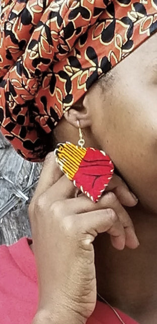 Red Golden-Yellow Heart Shaped African Print Earrings-DP2687ER1
