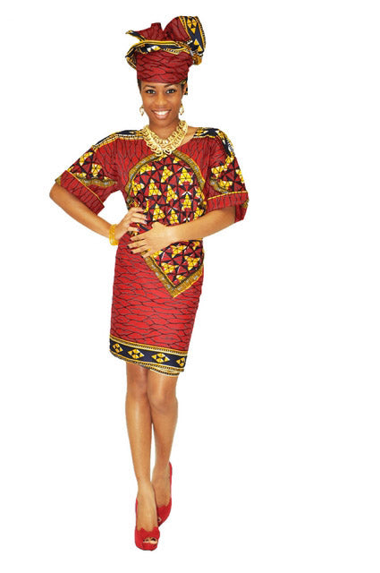 Deep-Red, Goldish Yellow African Print Top and Wrap Skirt-DP3786