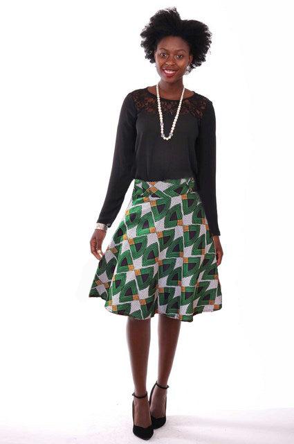 Green African Print high waist A-Line Skirt-DP3800DS