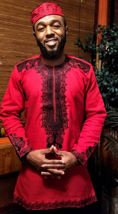 Red and Black Embroidered African Dashiki Shirt-DP4006