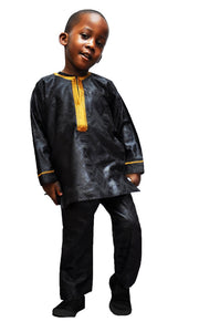 Black Brocade Cotton Dashiki with Gold Embroidery for Children