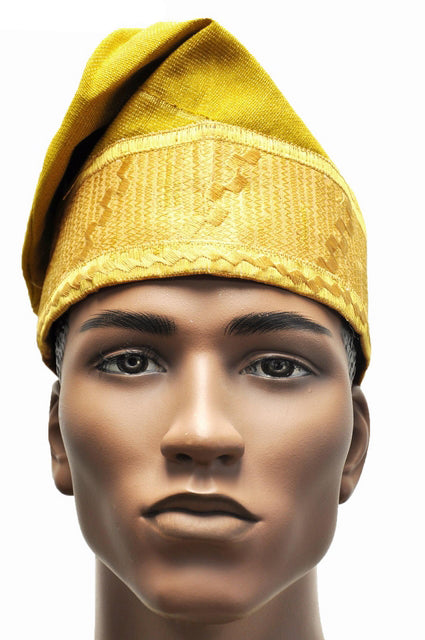 Gold Embroidered African Net Aso Oke Hat-Kufi-Cap