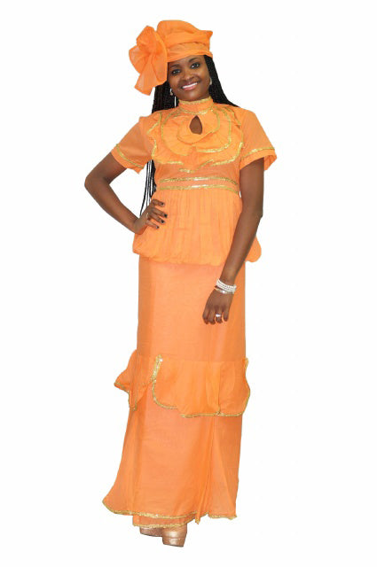 Elegant Peach-orange Senegalese African Voile Wrapper Set