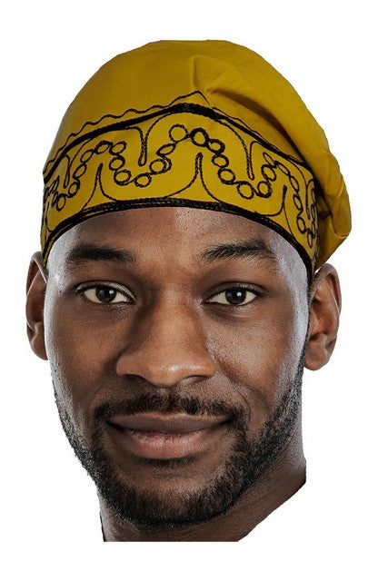 Gold African Cotton Kufi Hat with Black Embroidery-DPHDM301