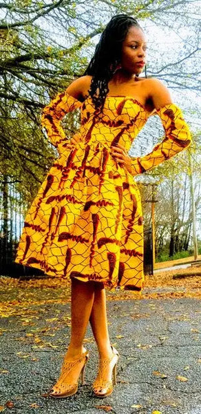 Golden Yellow African Print Ankara Dress-DP3745D - Dupsie's African Medium(10)