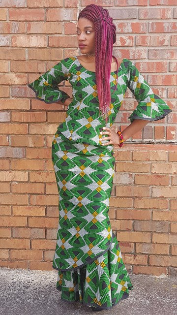 Exquisite Green Black Gold African Print Top and Skirt-DP3553