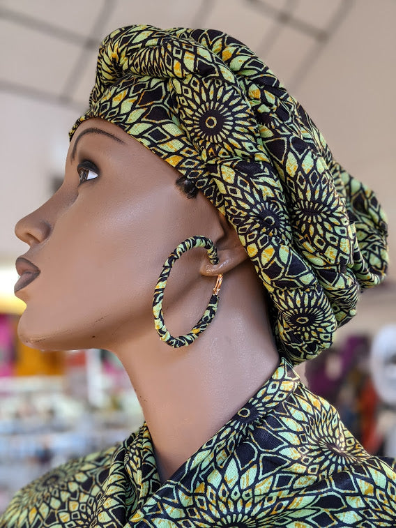 Green and Brown African Print Hoop Earrings-DPJ3773X