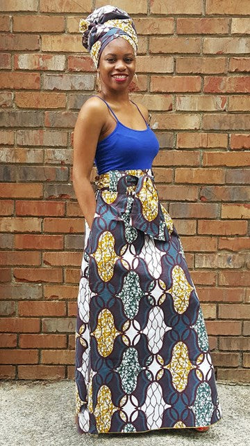 Blue Brown and Beige African Print high waist skirt-DP3831SK
