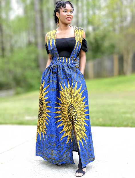 Ino Blue and Gold African Print Skirt with Slit-DP4071SK2