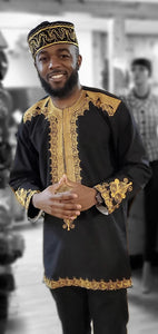 Kwamiro Black and Gold African Embroidered Shirt-DP3939M