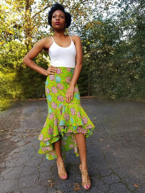 Lime Green African Print High Low Skirt-DP3843HL
