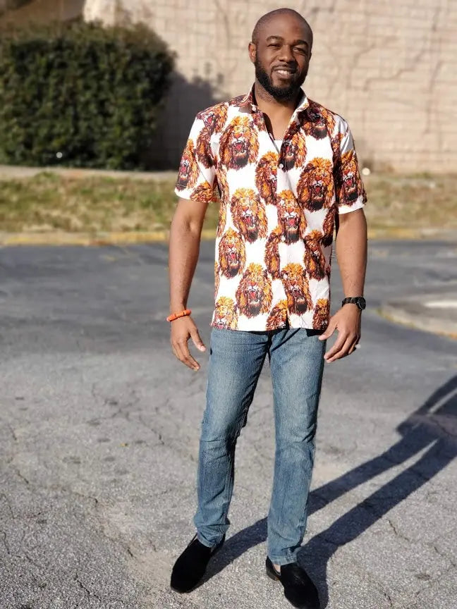 lion dress shirt Black Lion Embroidery Fil Coup Shirt