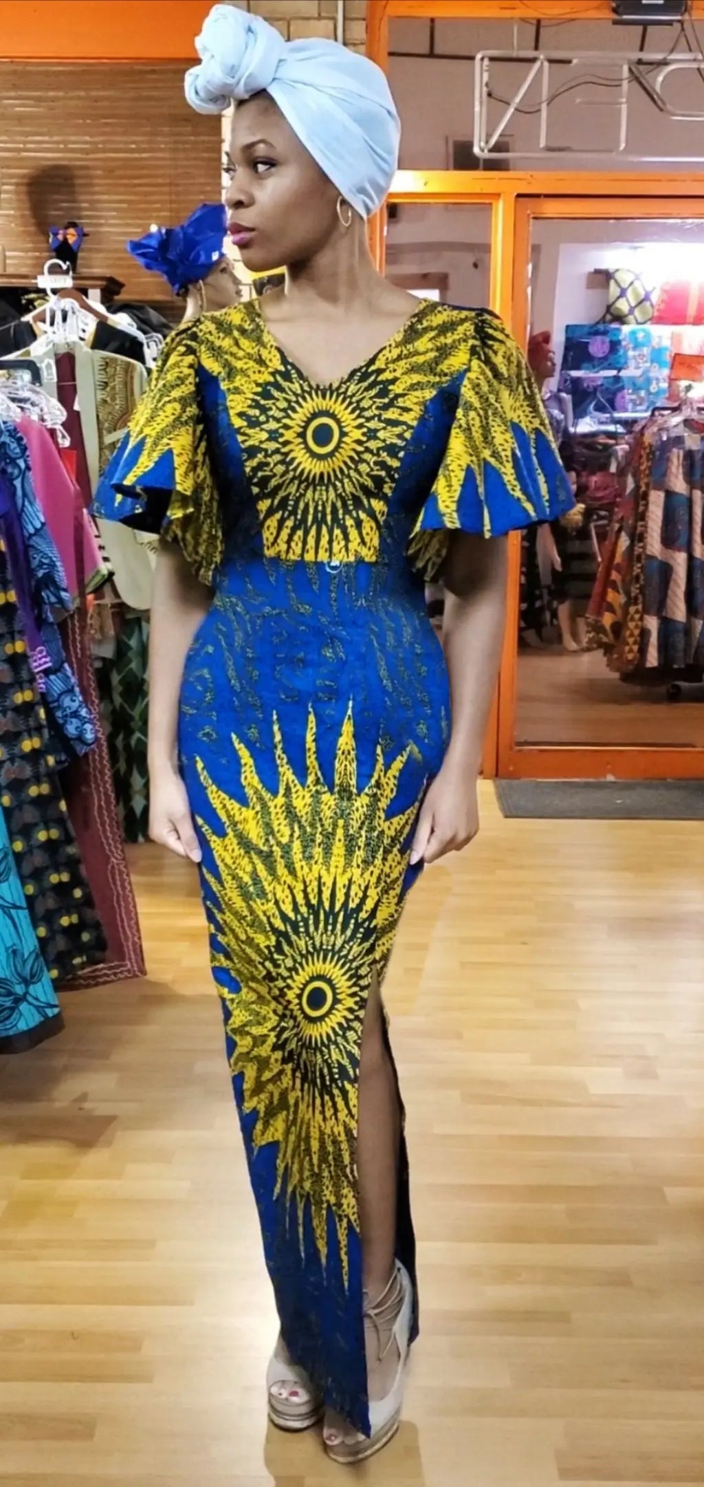 blue and gold african print dress Thabisa Dress (Blue And Gold Stretchy African / Ankara Print)