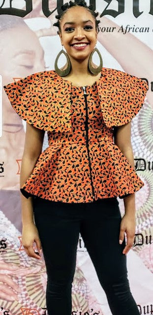 Burnt Orange African Print Peplum Top-DP3844TP1