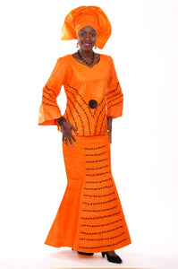 Orange African Brocade Top and Skirt Black Embroidery-DP3427DO