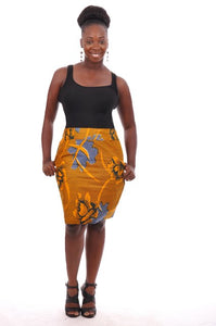 Orange and Blue African Print Pencil Skirt with Pockets-DP3212S