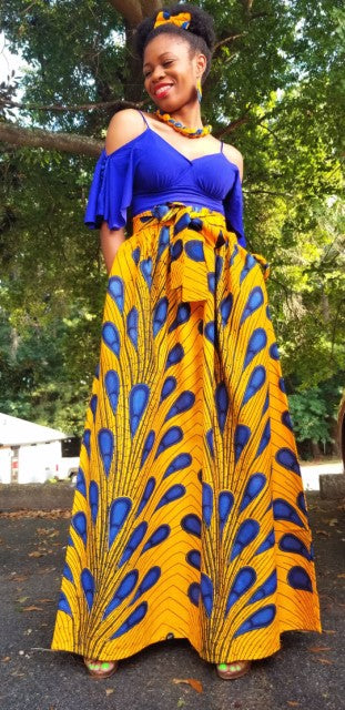 Orange and Blue African Print Peacock Skirt-DP3816SKDF