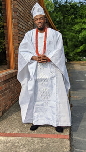 All White Oba Aso Oke Agbada Grand Boubou Robe
