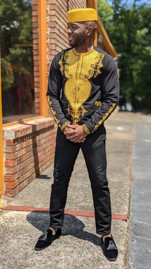 Lavelle Black and Gold Embroidered African Dashiki Shirt-DPLCM2