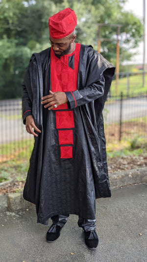 Duje Red and Black African Brocade Agbada Set-DP7059