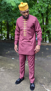 Emilokan Embroidered Burgundy and Gold African Senator Suit