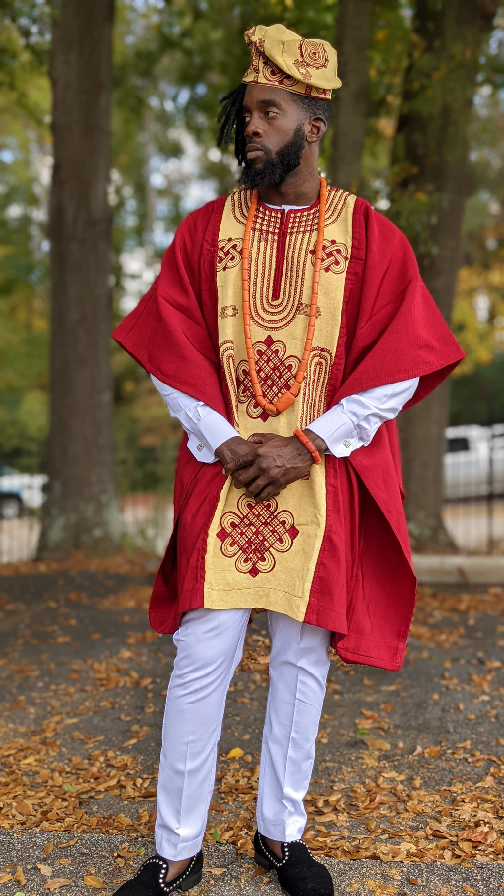 Olaniyi Red and Gold African Aso Oke Grand bobou Robe - DPAGRG22