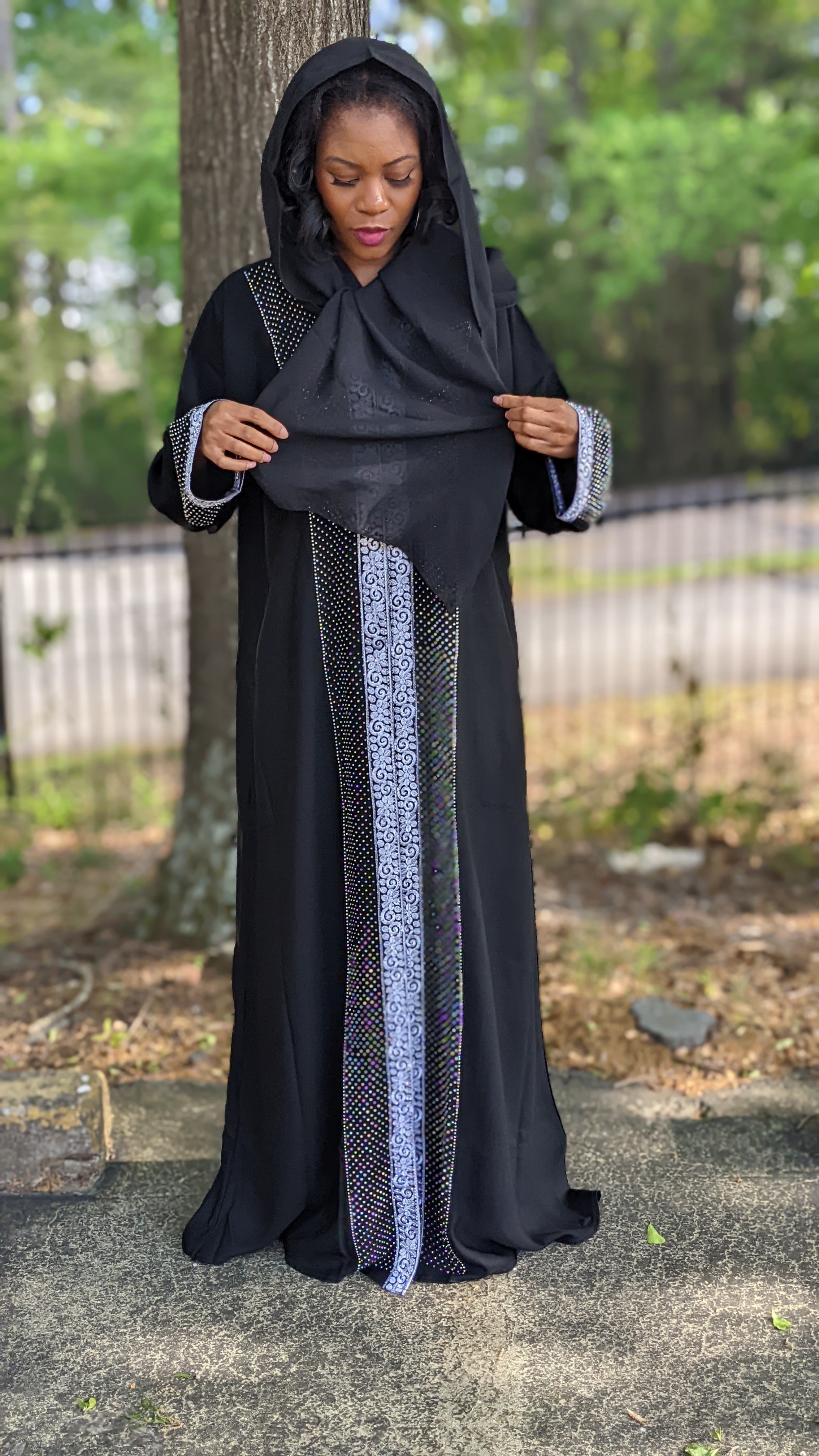 Amina Black and Silver African Abaya Kaftan Moroccan Arabic Dress with matching Hijab-DPKBS03