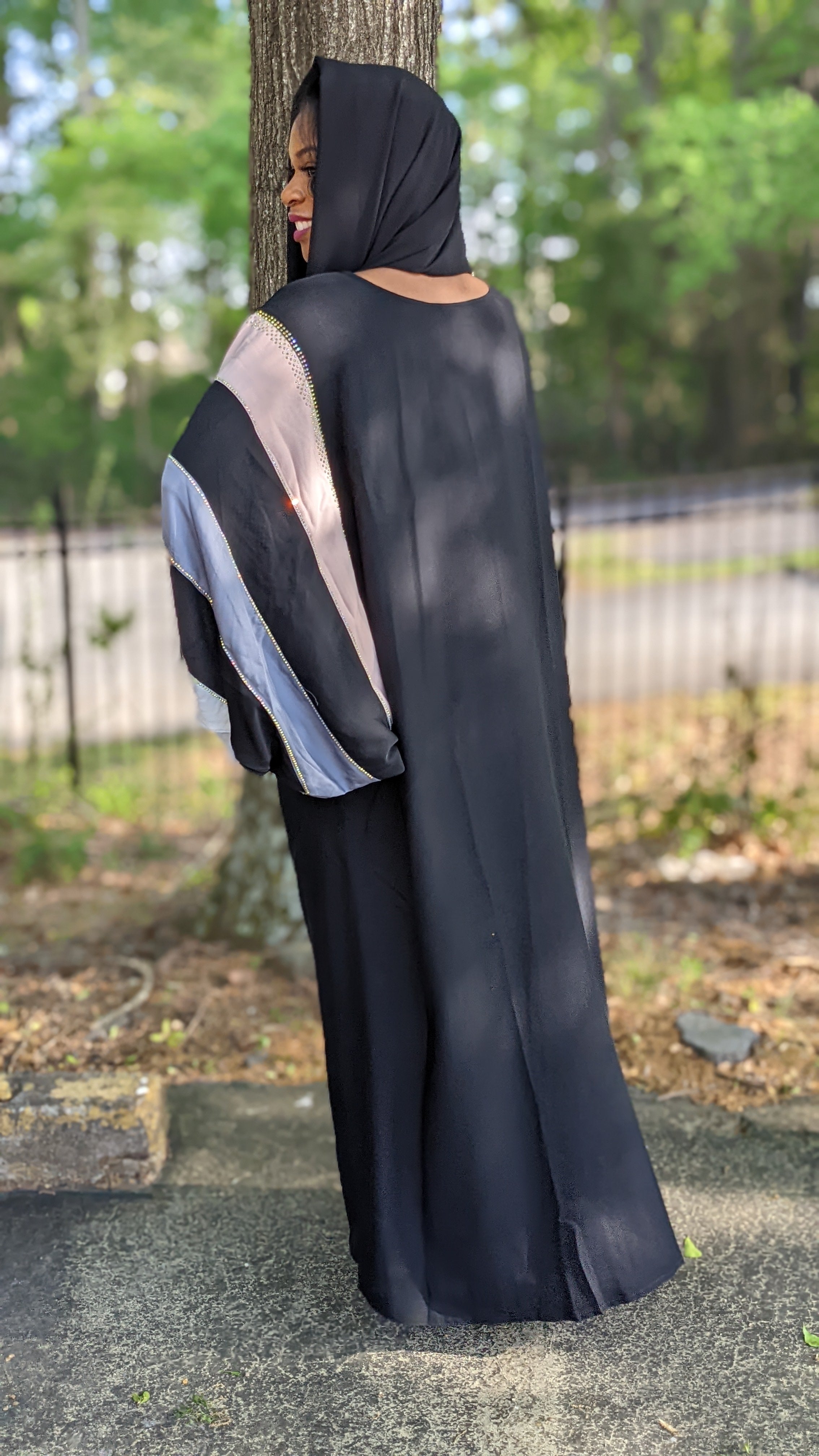 Black African Chiffon Women Arabic Kaftan Moroccan Dress with matching Hijab-DPKBPG06
